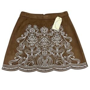 NWT Andree By Unit Brown Suede Embroidered Skirt Size Medium